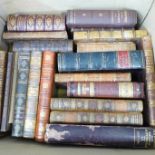 A box of antiquarian books including Beetons Dictionary of Biography, two early Dickens novels,