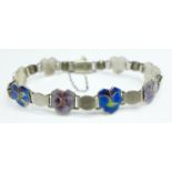 A silver and enamel bracelet, Birmingham 1909, some enamel a/f