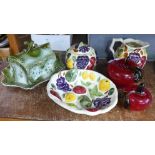 Three items of Siltone pottery, a Blakeney cheese dome and two glass fruit **PLEASE NOTE THIS LOT IS