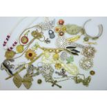 A collection of vintage costume jewellery, including silver and vulcanite and a lady's Avia