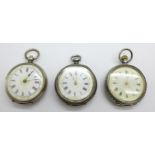 Three silver fob watches, one case back loose