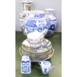 A box of oriental china; eight decorative plates, Imari shallow bowl, miniature teapot and three