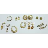 A 9ct gold ring, six pairs of 9ct gold earrings and three single earrings, 10.5g