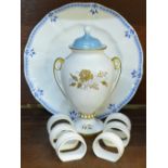 A Royal Crown Derby Grenville plate, an Aynsley Golden Grace lidded vase and six Wedgwood napkin