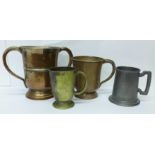 A two handled quart size cup, marked Oldham Maker Nottingham, 1 pint mug marked Askew Maker