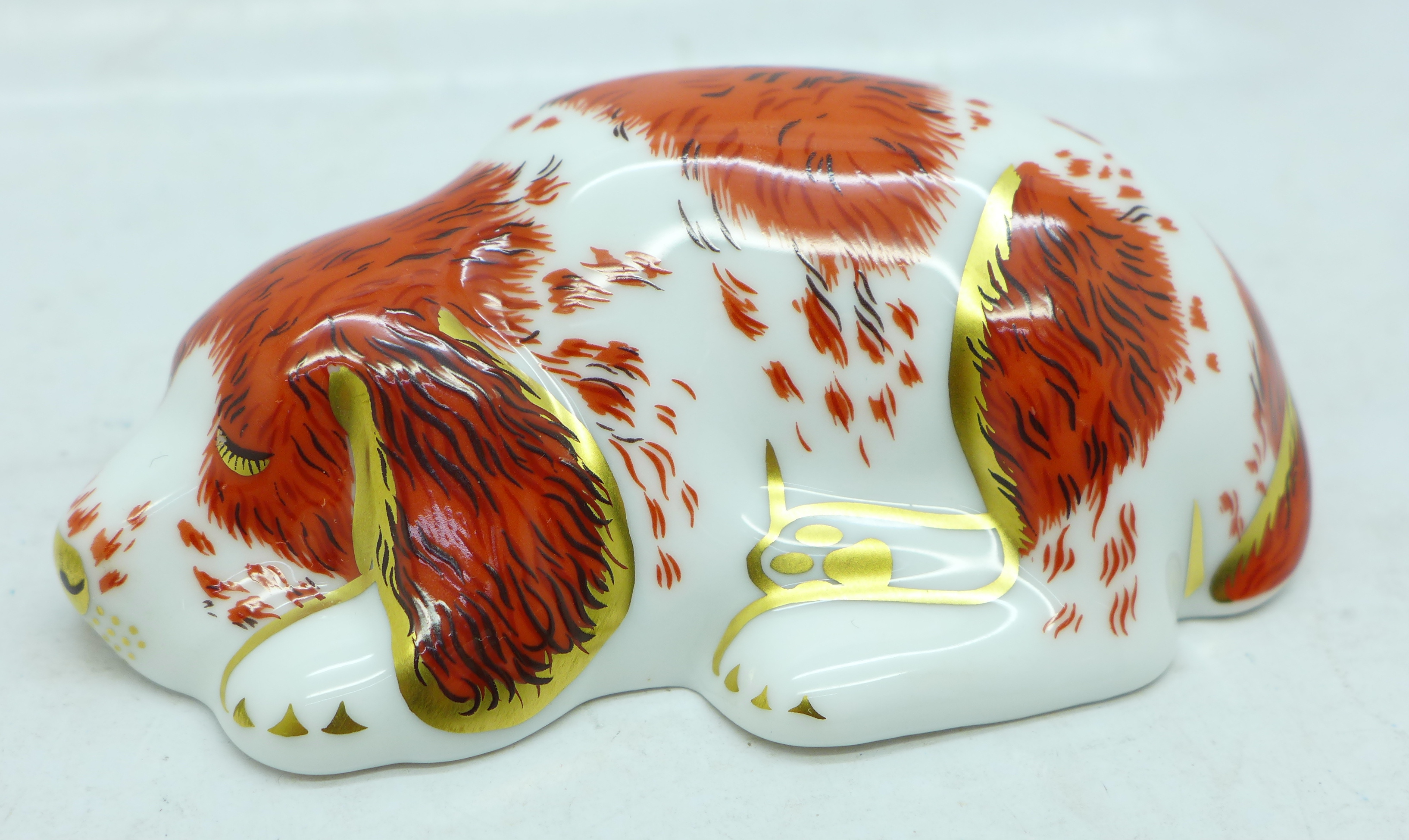 A Royal Crown Derby Collector's Guild Puppy paperweight, gold stopper, boxed