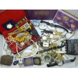 A collection of costume jewellery, a coin set, etc.
