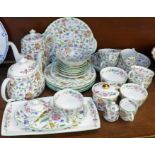 Minton Haddon Hall teawares, teapot, coffee pot, cups, saucers, side plates, etc., teapot lid and