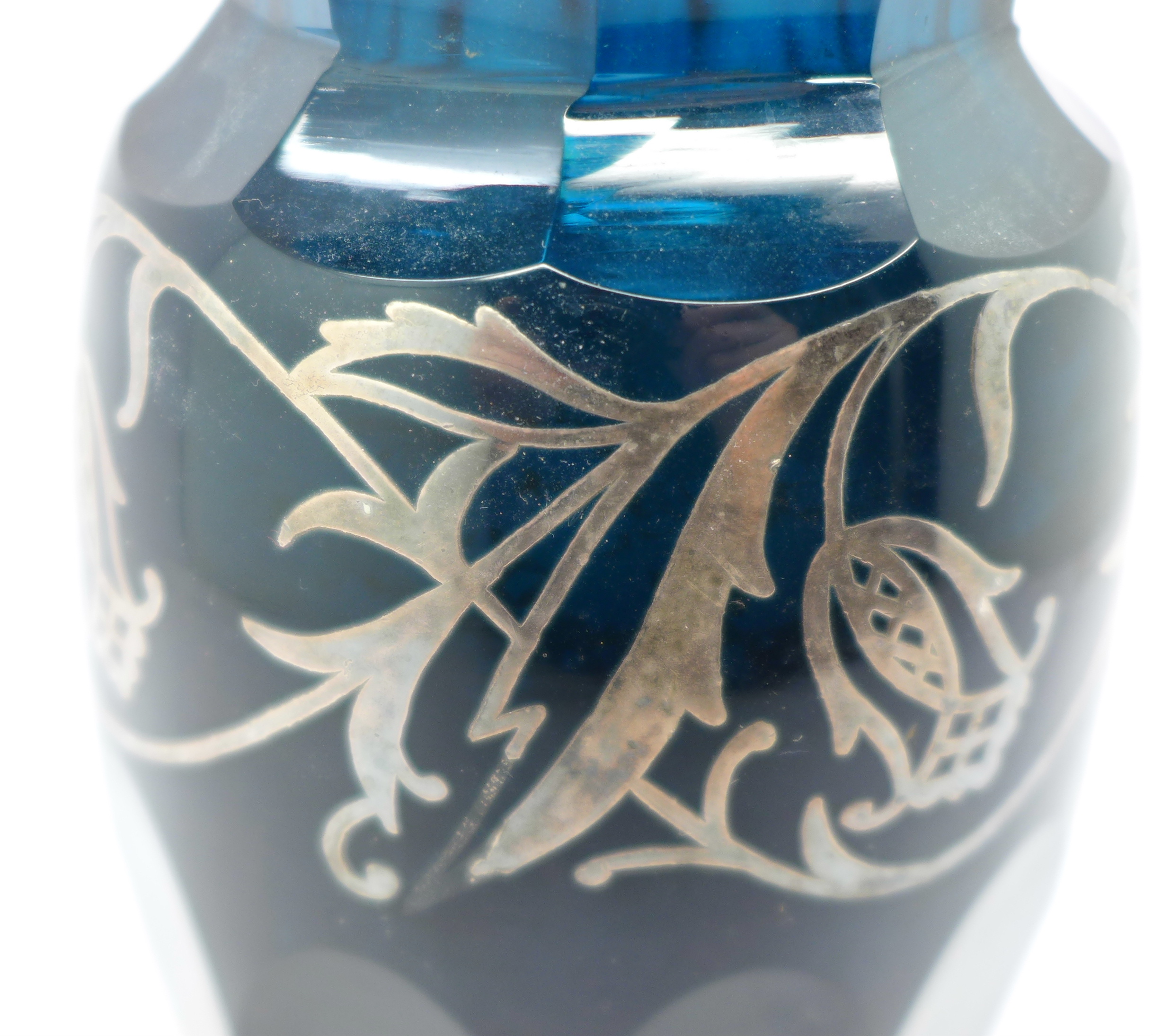 An Art Nouveau teal glass vase decorated with silver overlay, 16cm, a/f (chip to rim and some - Image 7 of 9