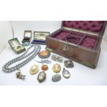 Costume jewellery and a leather fitted jewellery box, box a/f