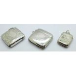 Three silver vesta cases with engraved decoration, Birmingham hallmarks for 1896, 1902 and 1922, 78g