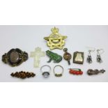 Jewellery, etc., including a mourning brooch, a novelty violin brooch, a watch key fob and a