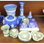 An Adams dark blue Jasper teapot, a Wedgwood posy vase, candlestick and eleven other items of