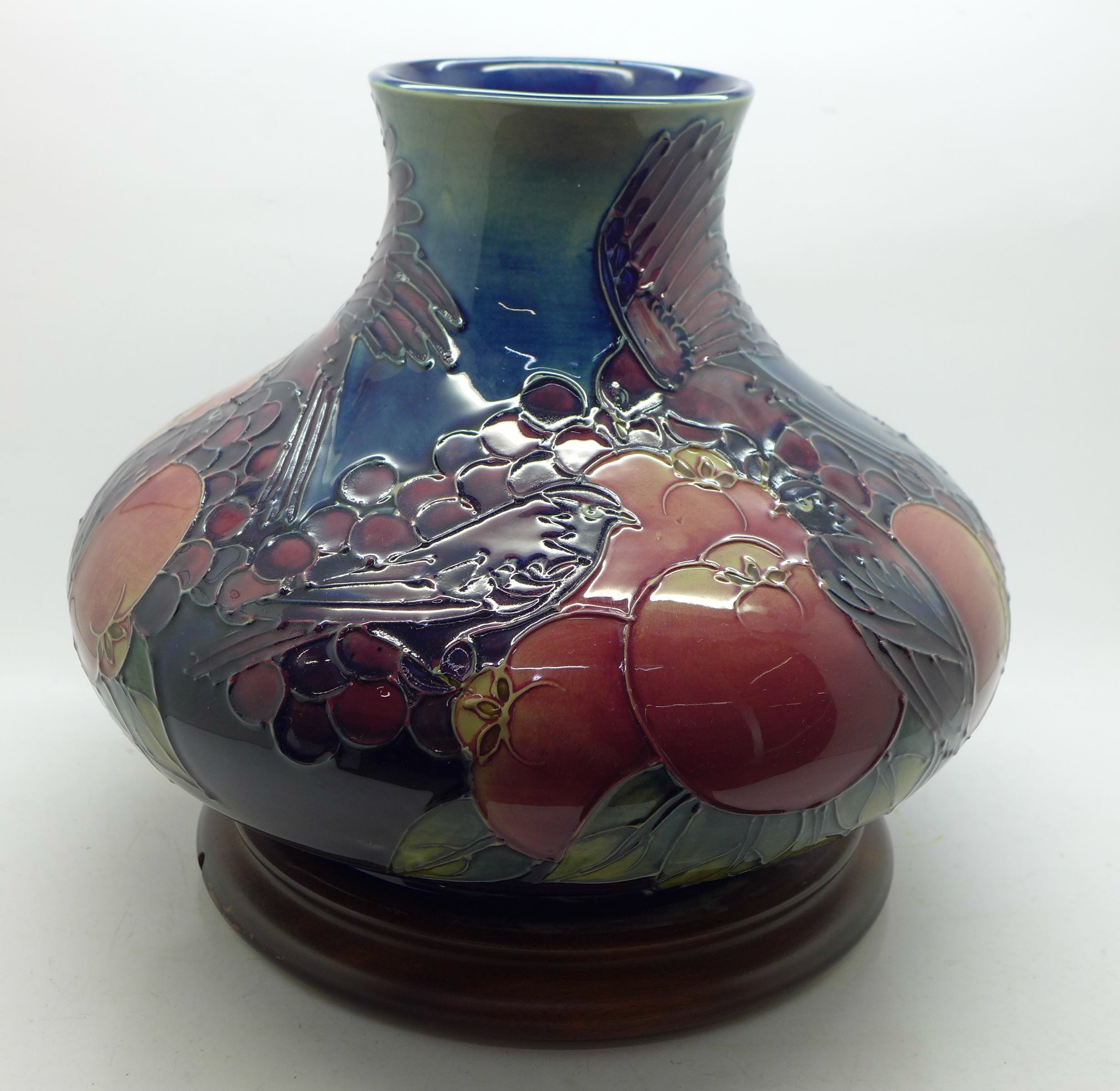 A Moorcroft Finches and Fruit vase with stand, 19.5cm - Image 2 of 15