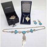 An Emporio Armani bracelet, a silver and gold dipped leaf pendant and chain and a turquoise necklace