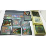 Three sets of lantern slides, Natural History and Aesops Fables and two Royal Mail mint stamp sets