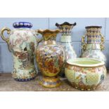 Four oriental vases and a jardiniere, one vase a/f