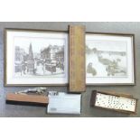 Two framed prints of Nottingham, a domino set, a cigarette case, a Jaguar car mascot and a