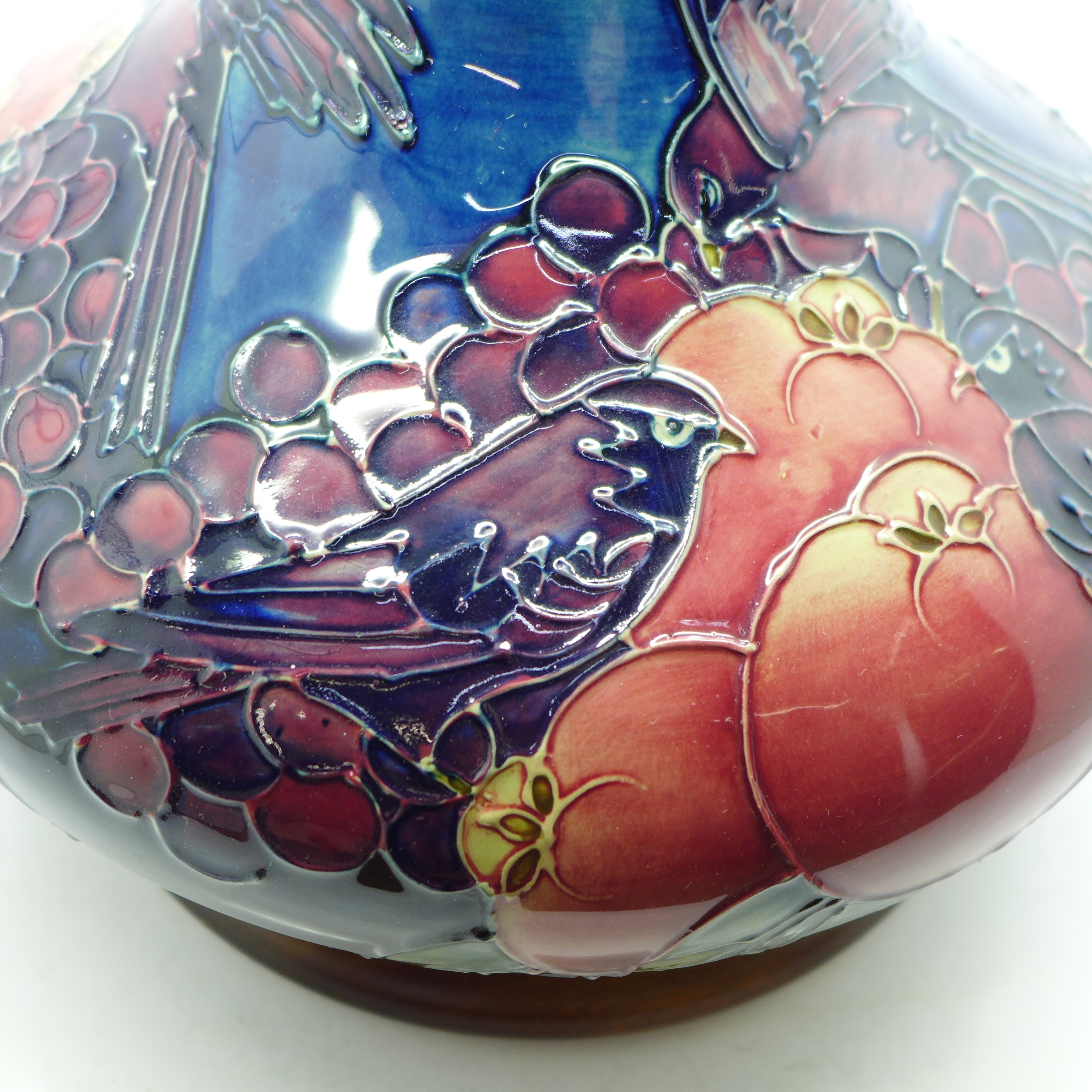 A Moorcroft Finches and Fruit vase with stand, 19.5cm - Image 5 of 15