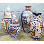Two oriental Imari jars and covers, one a/f, and two other Imari vases