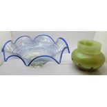 A large hand blown glass bowl and an iridescent glass vase, vase a/f