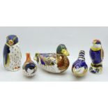 Five Royal Crown Derby paperweights, with silver stoppers, one a/f, (small chip to end of beak)