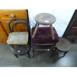 A Victorian elm milking stool, a child's bentwood chair and three other stools