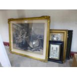 A pair of Victorian prints, a mirror and two others