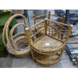 A bamboo corner stand and set of two wicker baskets