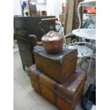 Two tin trunks and a Victorian copper kettle