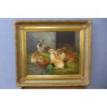A study of four rabbits in a barn, oil on canvas, 50 x 60cms, framed