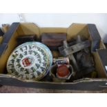 A box of miners plates, vintage tools, etc.