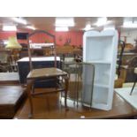 A painted pine corner shelf, Edward VII mahogany chair and a brass spark guard