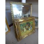 A pair of oleographs and a gilt framed mirror