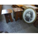 Two walnut occasional tables and an oval print of a boy