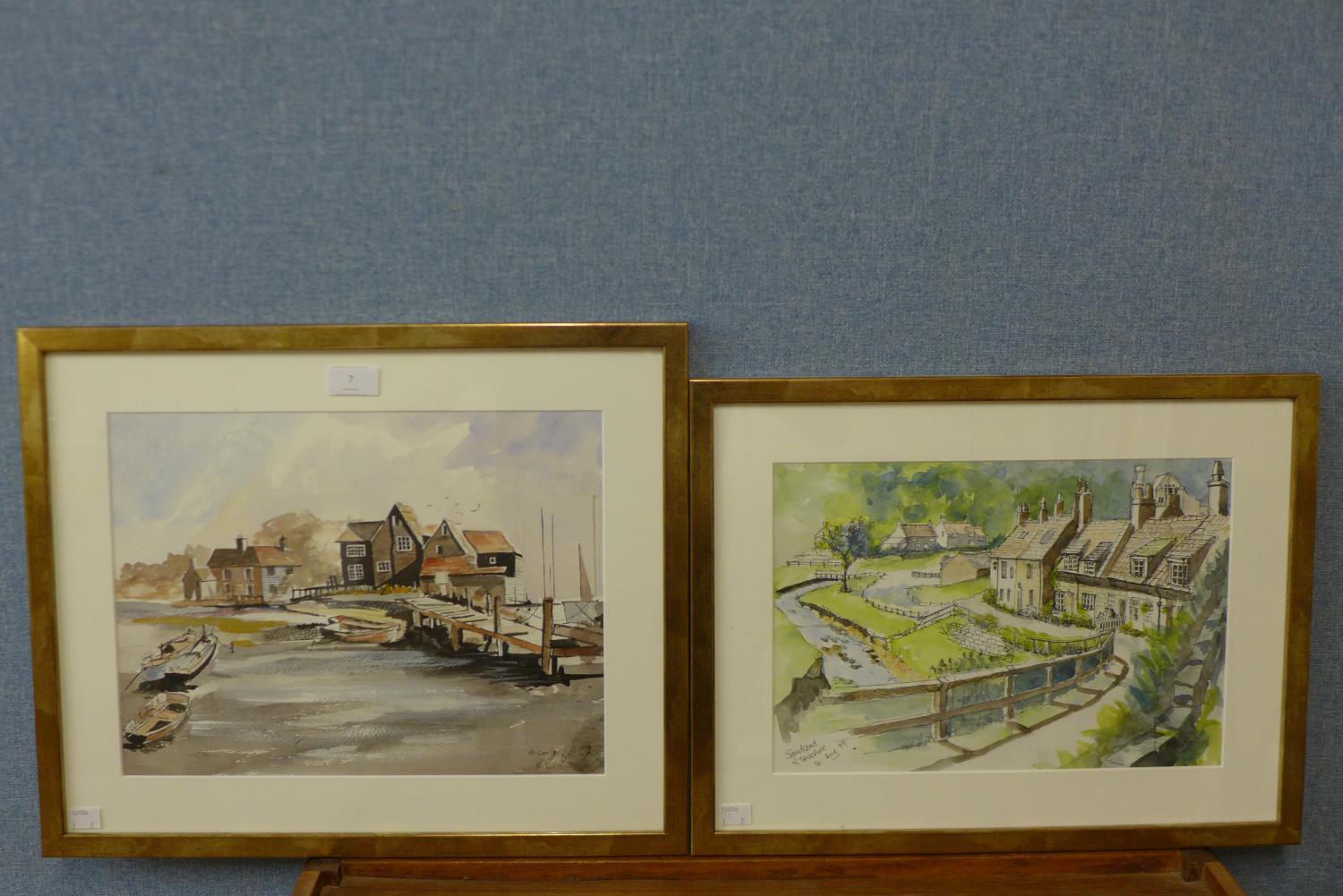 P.M. Carr, Irish harbour landscape, watercolour and another watercolour of Sandsend, N. Yorkshire,