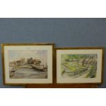 P.M. Carr, Irish harbour landscape, watercolour and another watercolour of Sandsend, N. Yorkshire,