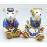 A pair of Royal Crown Derby paperweights, School Girl Teddy and School Boy Teddy, both with gold