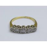 An 18ct gold and five stone diamond ring, 2.7g, L