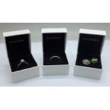 Two Pandora rings, L, N and two Pandora glass charms