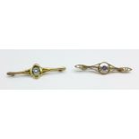 Two 9ct gold brooches, one set with amethyst and seed pearls, total weight 3.2g