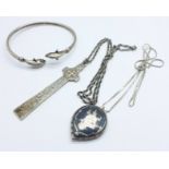Two silver pendants and chains and a bangle