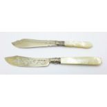 Two butter and fish knives with silver blades and mother of pearl handles