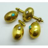 A yellow metal, blister pearl and turquoise set brooch, 8.9g