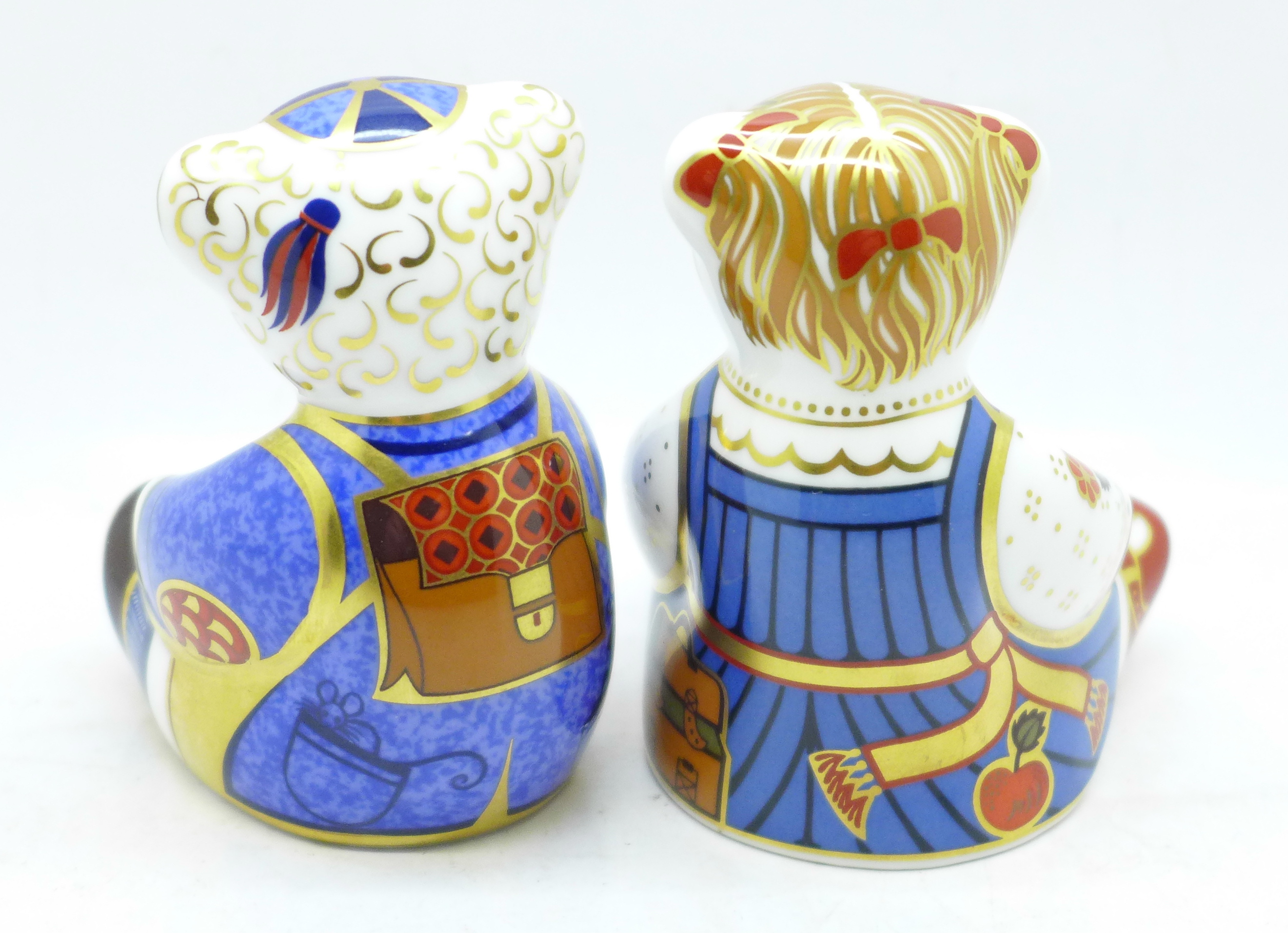 A pair of Royal Crown Derby paperweights, School Girl Teddy and School Boy Teddy, both with gold - Image 2 of 3