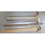 A collection of walking sticks and yard sticks
