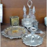 A silver plate on copper tray, a chamber stick, a/f, an Elkington plate matchbox holder, a four