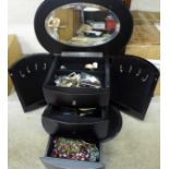 Costume jewellery, wristwatches and compacts in a jewellery box