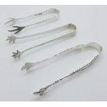 Three pairs of 'chicken feet' sugar nips, tongs, two hallmarked for W.H. Collins, Birmingham 1938