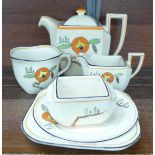 A Bursley Ware Art Deco tea set for one, milk jug a/f, all pieces crazed